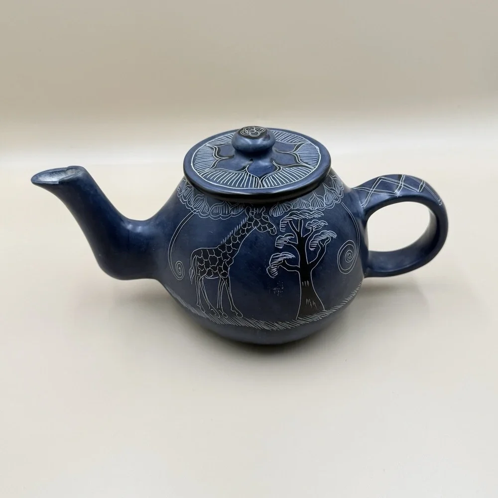 Afrian Soap Stone Tea Pot Etched Hand Painted Giraffe Safari Navy Kitchen